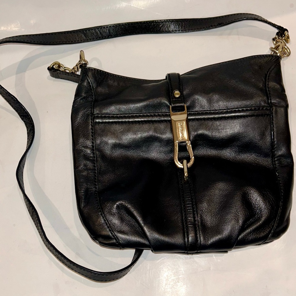 Calvin Klein Black Leather Crossbody Bag with “Lock “Logo Fob Gold Accents
